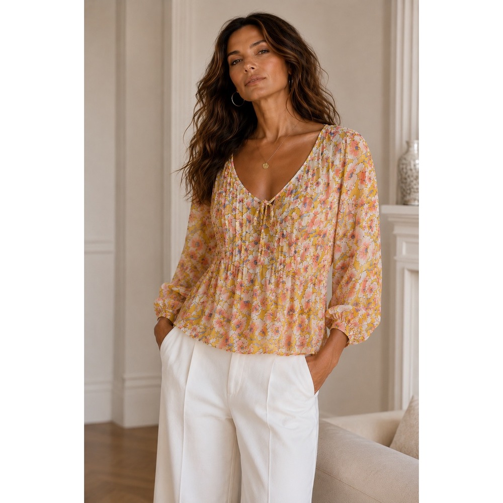 Tommy Hilfiger Yellow Floral Pintuck Tie Neck‎ Chiffon Blouse Womens Medium